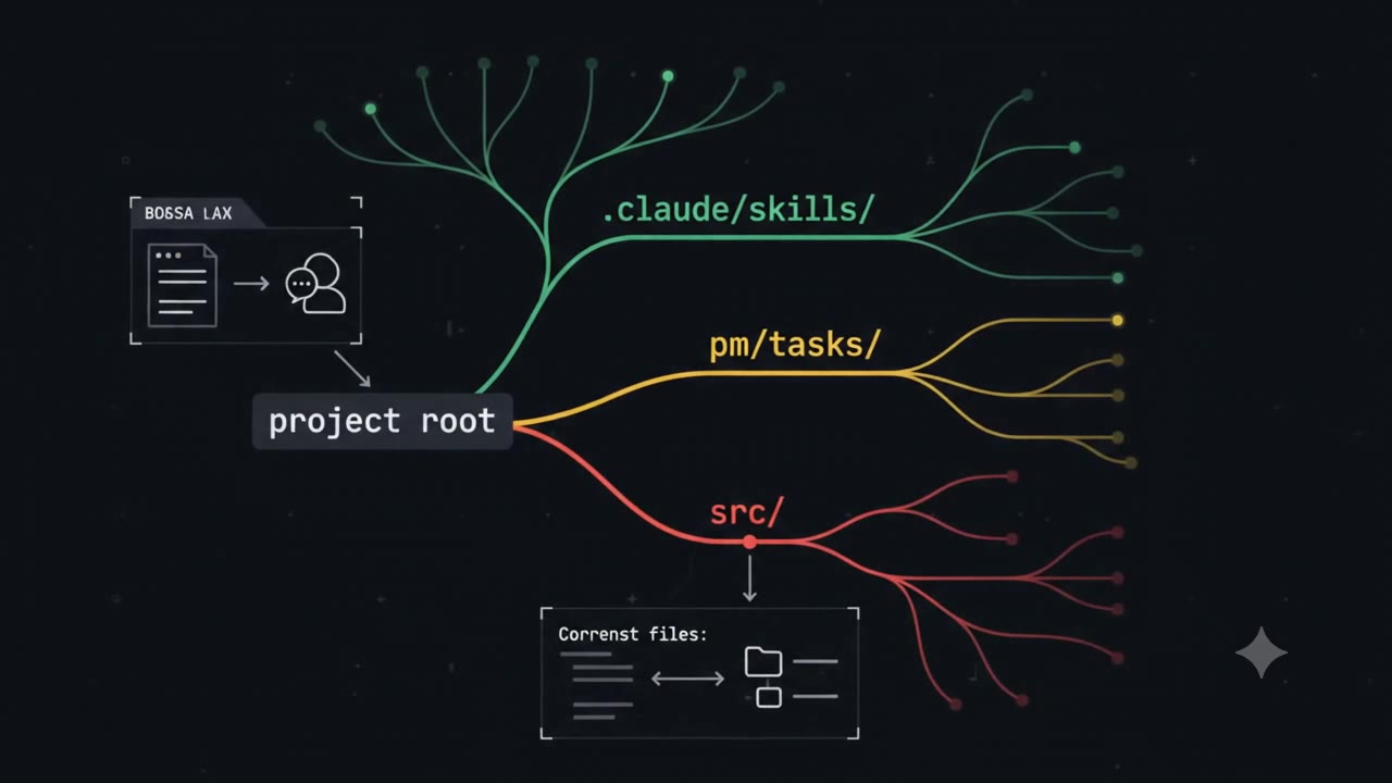 L'arbre d'un projet assisté par IA : .claude/skills, pm/tasks et src/ qui partent de la racine du projet